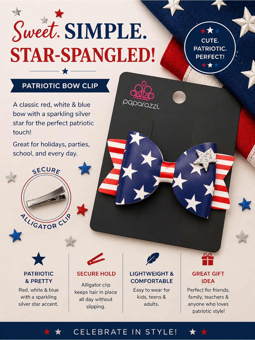 Paparazzi Red White Blue Star-Spangled July 4th Bow Clip With Silver Star